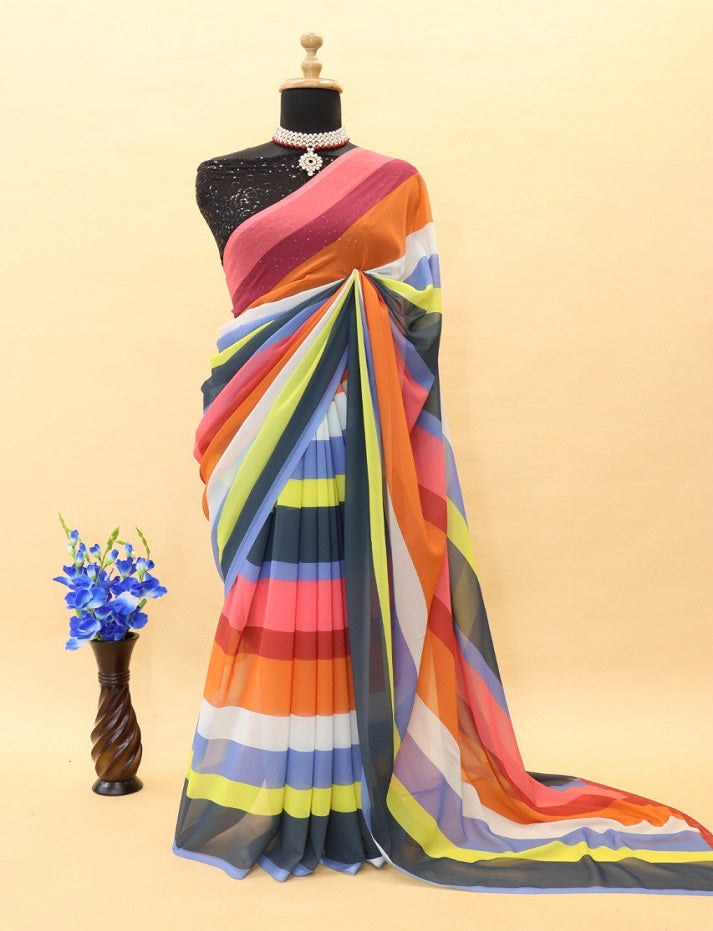 Designer Bollywood Style Multicolor Georgette saree Sabyasachi inspired saree With Beutiful Shining Blouse Piece