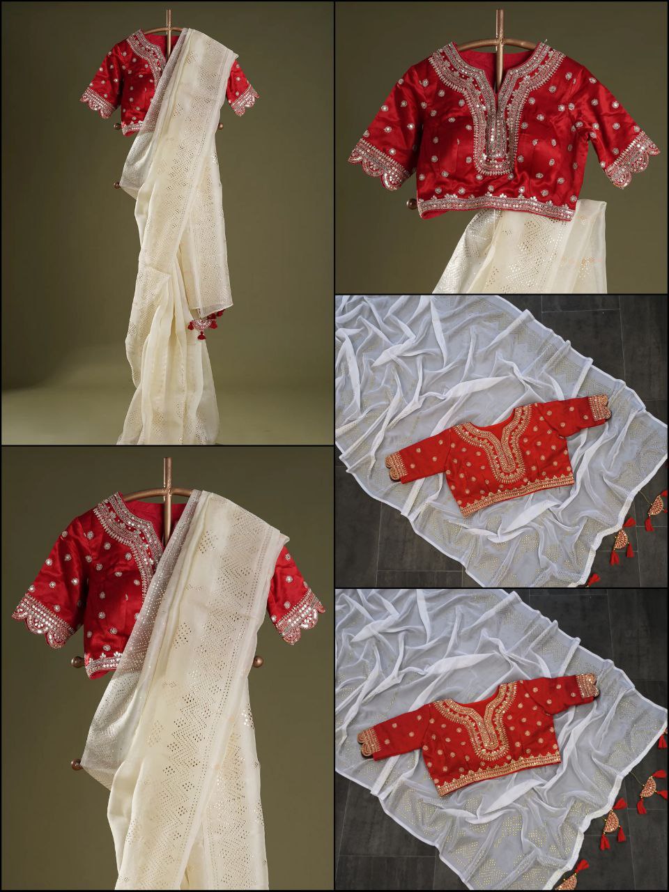 Beautiful Off White Trendy Durga Pooja Special Designer Organza Saree With Sequence Work Blouse