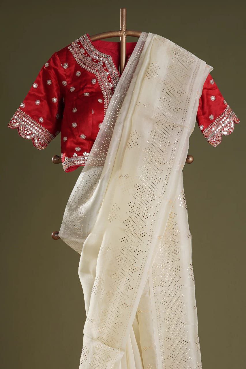 Beautiful Off White Trendy Durga Pooja Special Designer Organza Saree With Sequence Work Blouse
