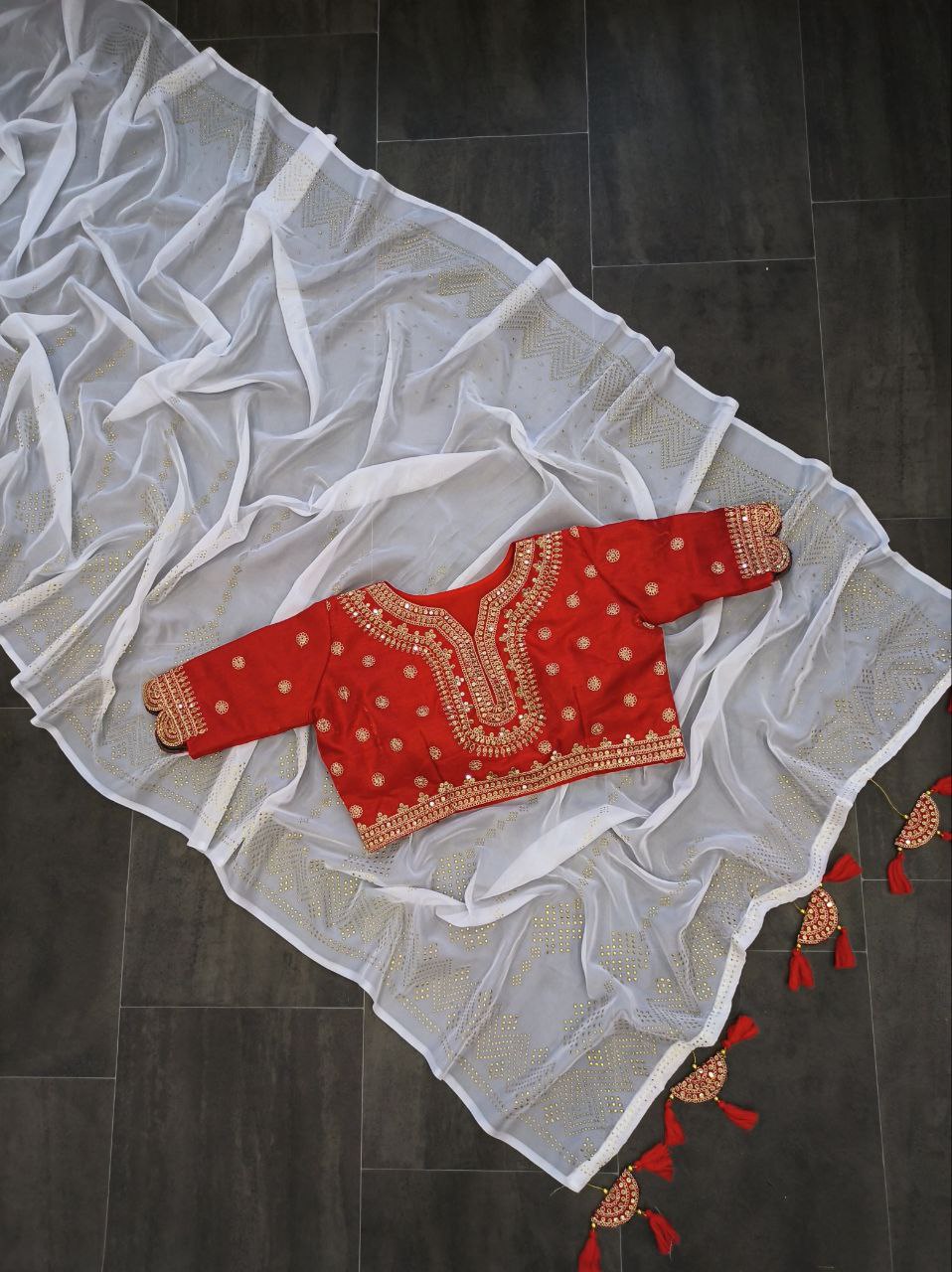 Beautiful Off White Trendy Durga Pooja Special Designer Organza Saree With Sequence Work Blouse