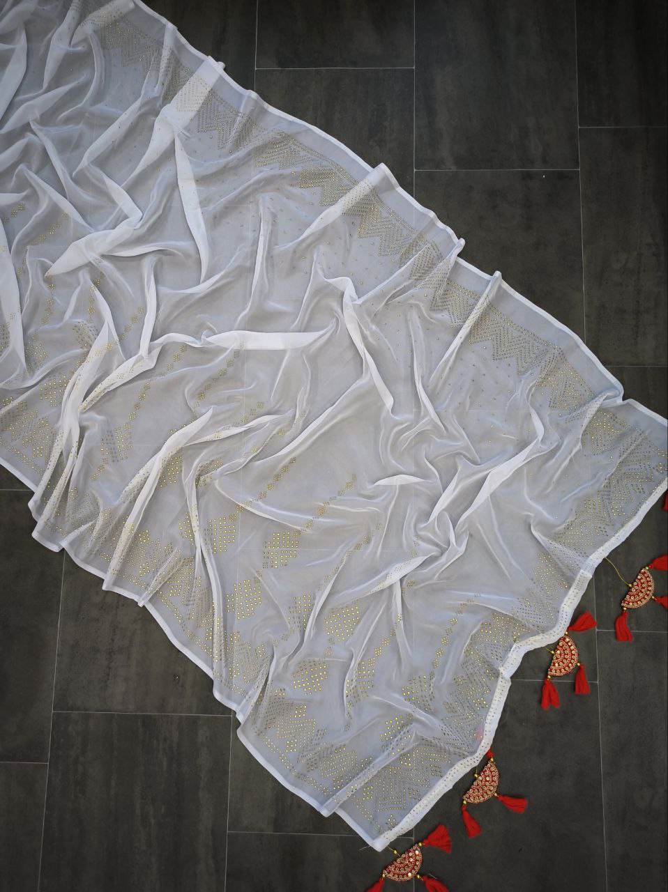 Beautiful Off White Trendy Durga Pooja Special Designer Organza Saree With Sequence Work Blouse