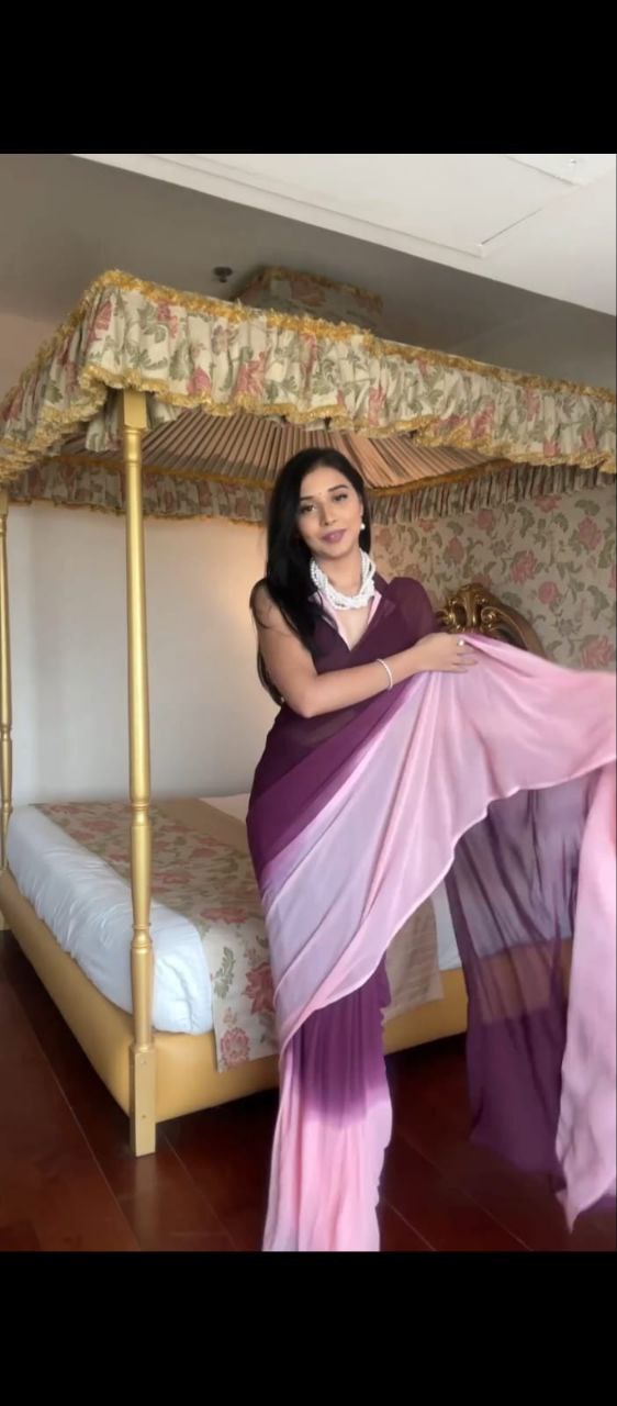 PURPLE DESIGNER GEORGETTE DIGITAL PRINTED READY TO WEAR SAREE WITH UNSTICTHED BLOUSE