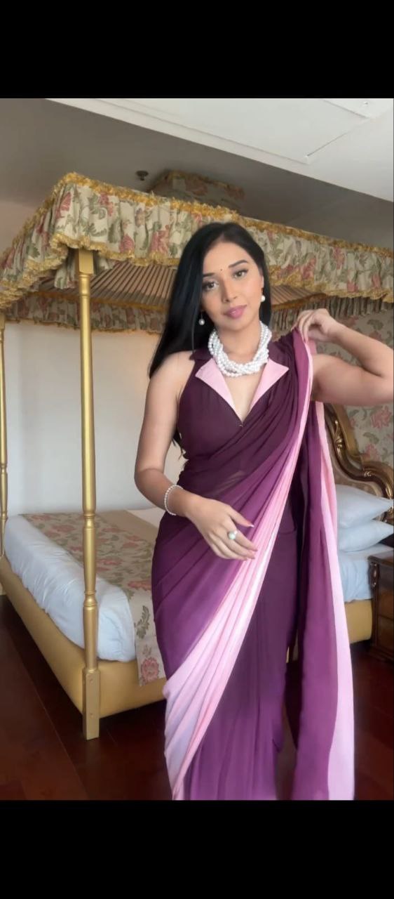 PURPLE DESIGNER GEORGETTE DIGITAL PRINTED READY TO WEAR SAREE WITH UNSTICTHED BLOUSE