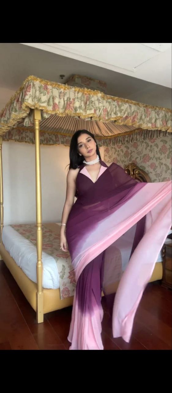 PURPLE DESIGNER GEORGETTE DIGITAL PRINTED READY TO WEAR SAREE WITH UNSTICTHED BLOUSE