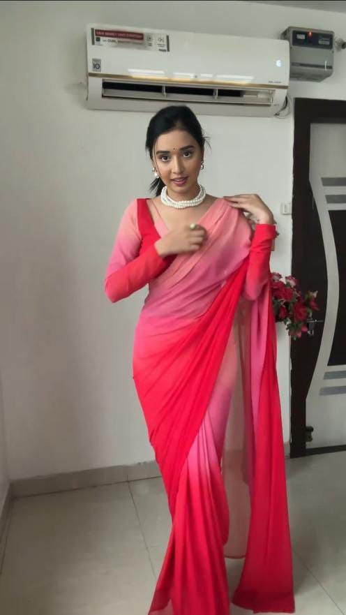 Pre-Stitched Red Pink Color Saree Fancy Shedding Printed Saree With Blouse Piece Designer Partywear Saree,
