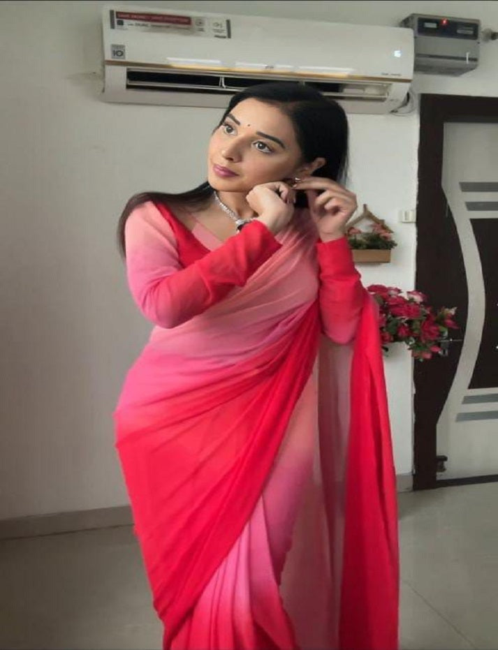 Pre-Stitched Red Pink Color Saree Fancy Shedding Printed Saree With Blouse Piece Designer Partywear Saree,