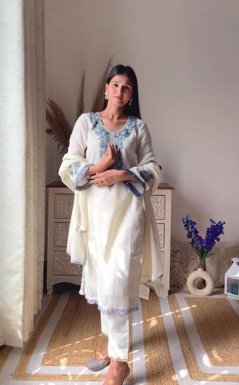 WHITE DESIGNER GEORGETTE EMBROIDERY JHALAR LACE TOP BOTTOM WITH DUPATTA OCCASION WEAR KURTA