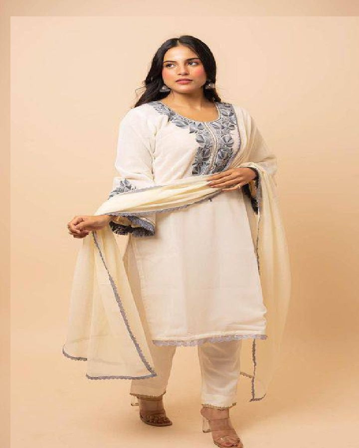 WHITE DESIGNER GEORGETTE EMBROIDERY JHALAR LACE TOP BOTTOM WITH DUPATTA OCCASION WEAR KURTA