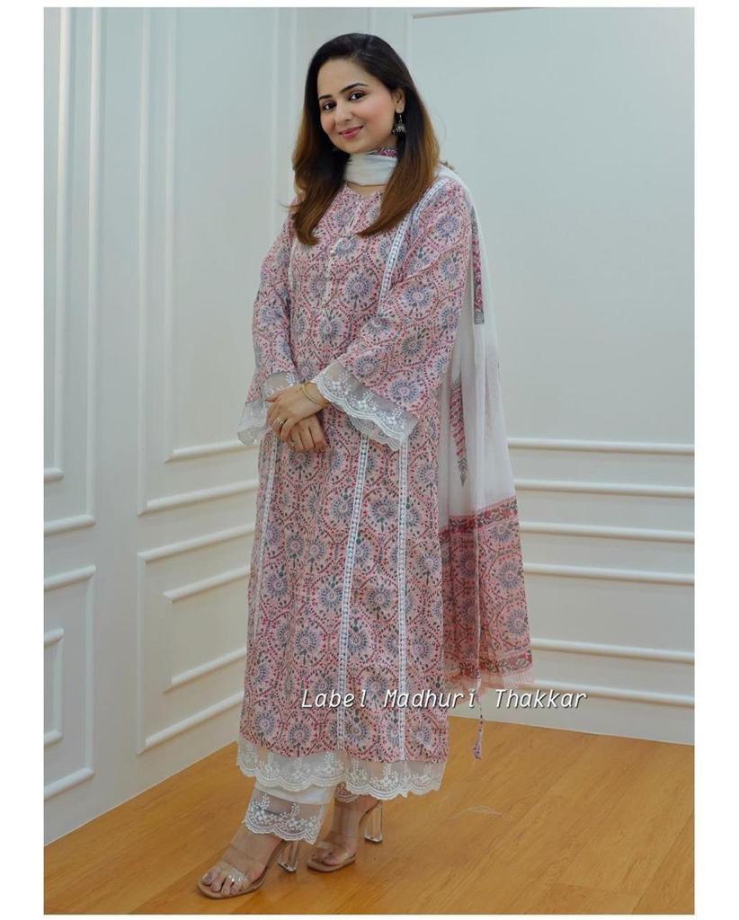 Women's Pure Cotton Pakistani Suit Muslin A Line Kurta With Pant and Duptta Set