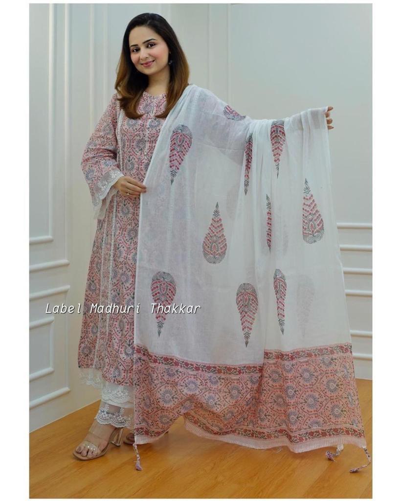 Women's Pure Cotton Pakistani Suit Muslin A Line Kurta With Pant and Duptta Set