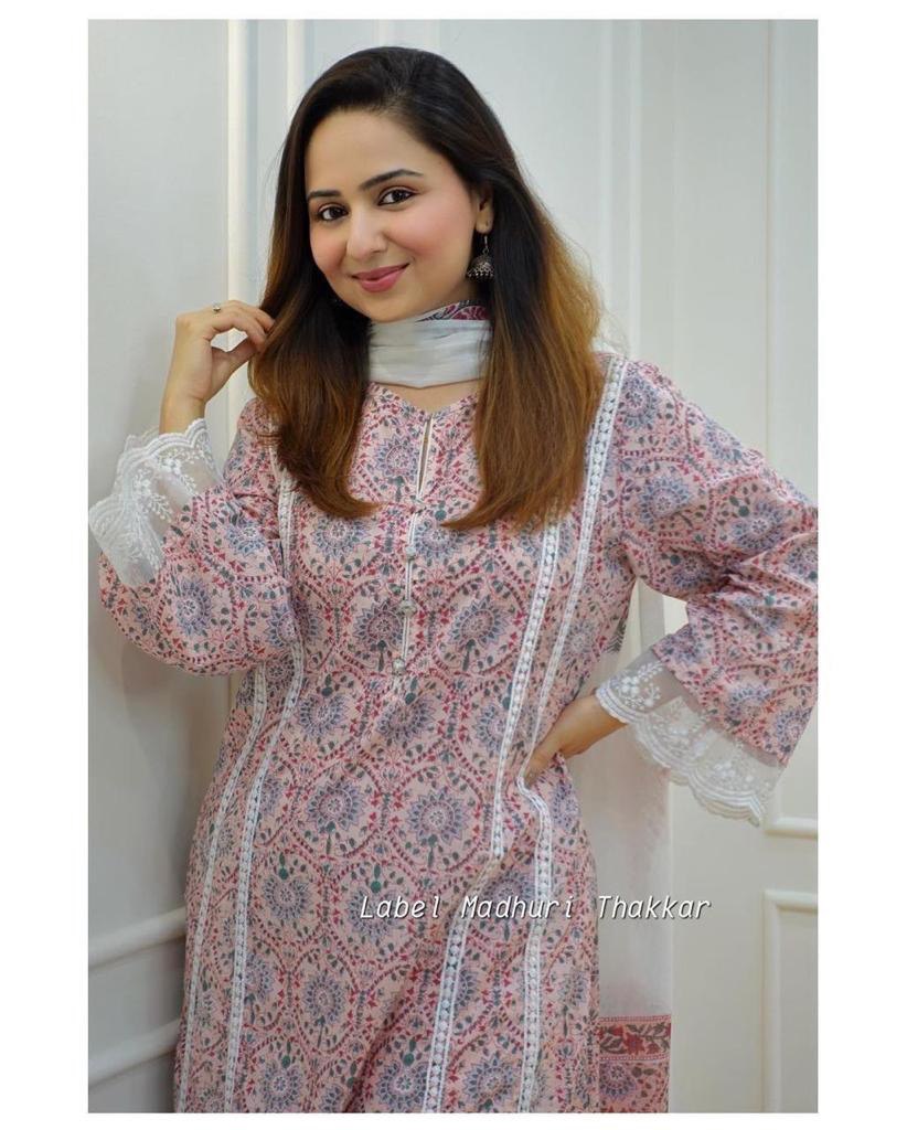 Women's Pure Cotton Pakistani Suit Muslin A Line Kurta With Pant and Duptta Set