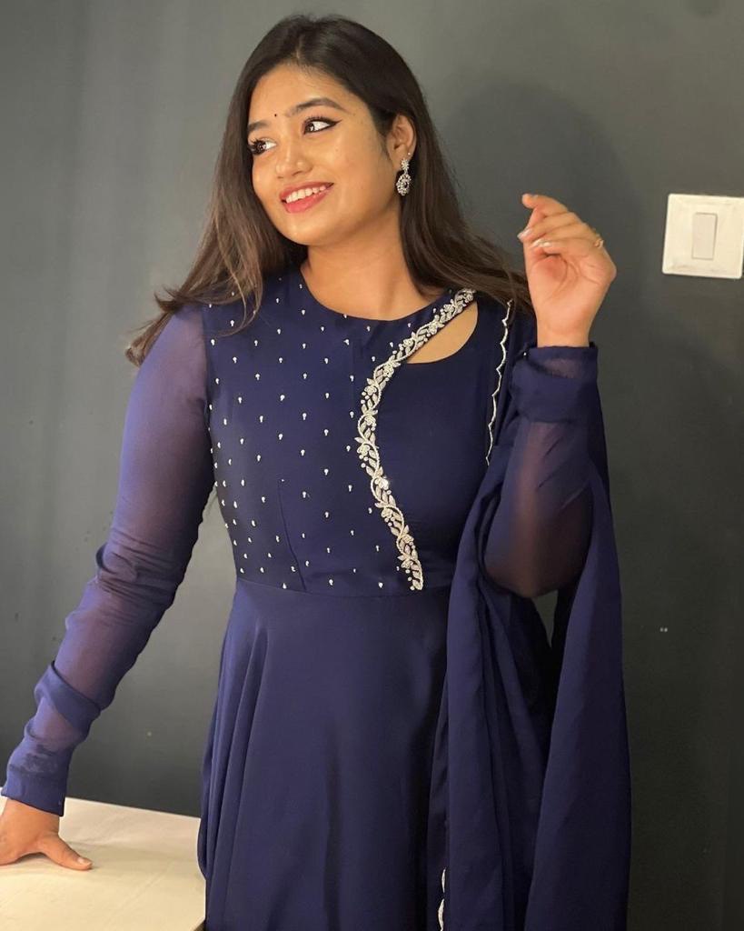 Beautiful Navy Blue Georgette Embroidered Gown Set