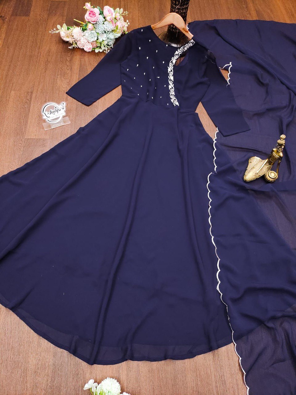 Beautiful Navy Blue Georgette Embroidered Gown Set