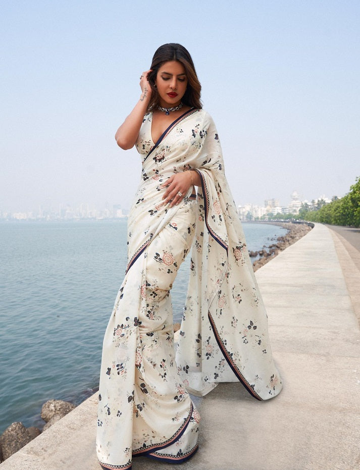 White Satin Georgette Digital Floral Printed Bollywood Saree For Womens With Beautiful Blouse Piece