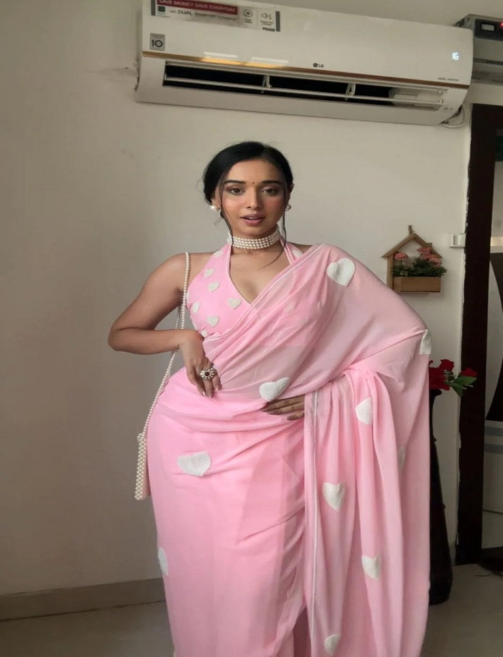 Light Pink Embroidered Georgette Prestitch Exclsuive Bollywood Barbie Look Saree For Womens