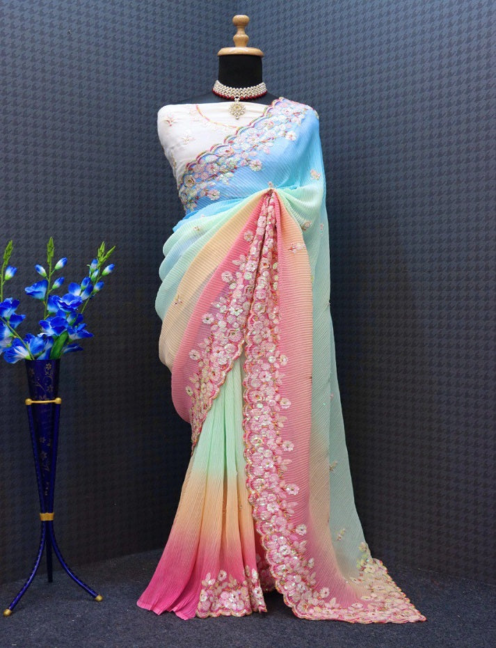 Party ware Faux Georgette saree For Women,bollywood stylish Royal Look saree With Unstiched Bnarsi Silk Blouse Piece