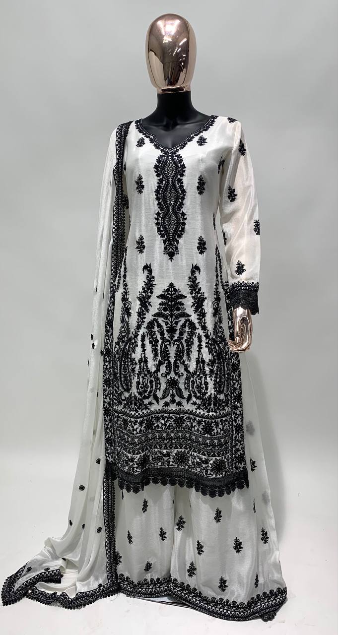 Black And White Chikankari Kurta With Palazzo Set, Designer Premium Silk Pakistani Salwar Suit