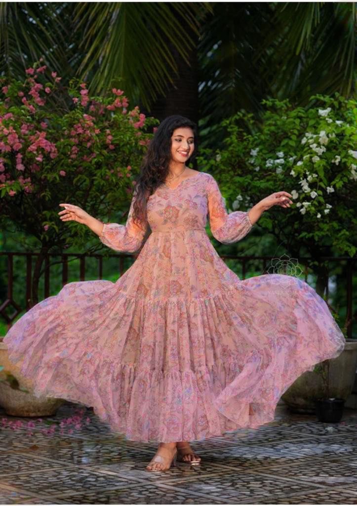 Georgette Maxy Gown with frill pettan sleeves