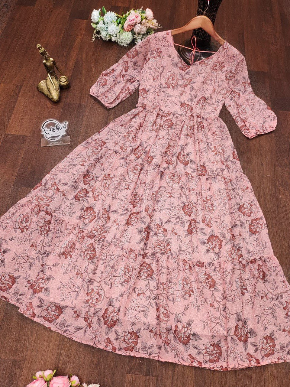 Georgette Maxy Gown with frill pettan sleeves