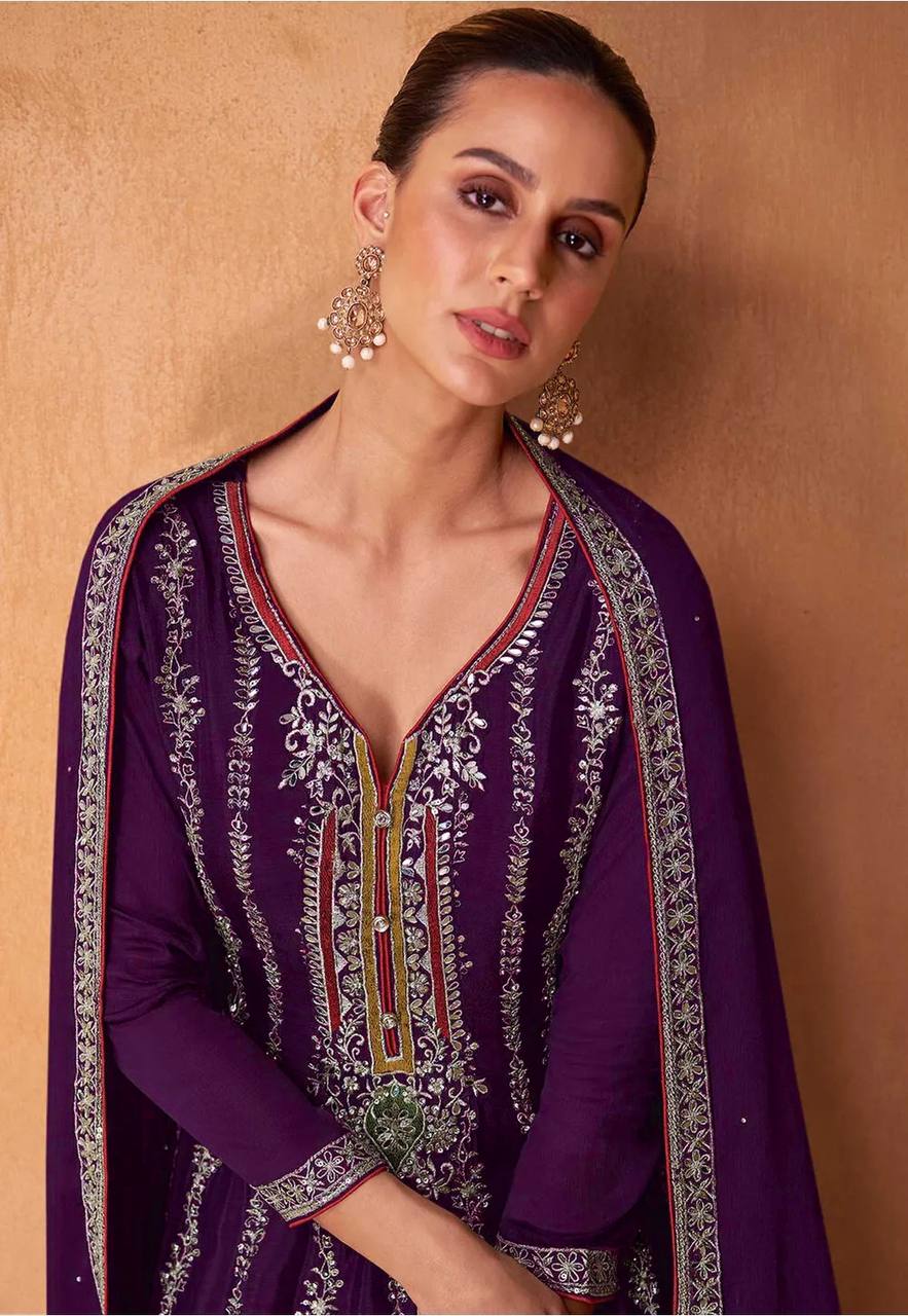 Purple Color Chinon Embroidered Short Anarkali With Pant Style Suit For Womens