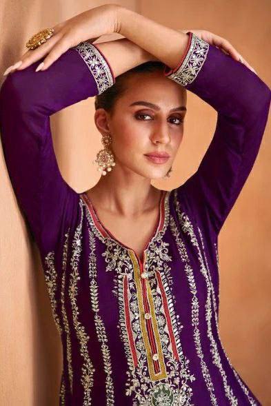Purple Color Chinon Embroidered Short Anarkali With Pant Style Suit For Womens