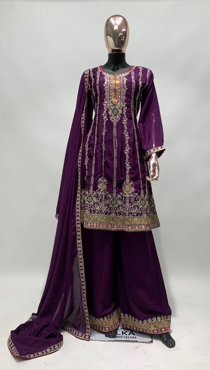Purple Color Chinon Embroidered Short Anarkali With Pant Style Suit For Womens