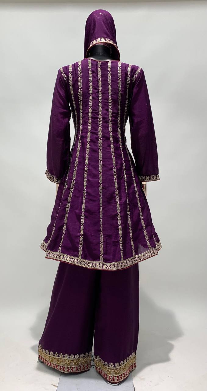 Purple Color Chinon Embroidered Short Anarkali With Pant Style Suit For Womens