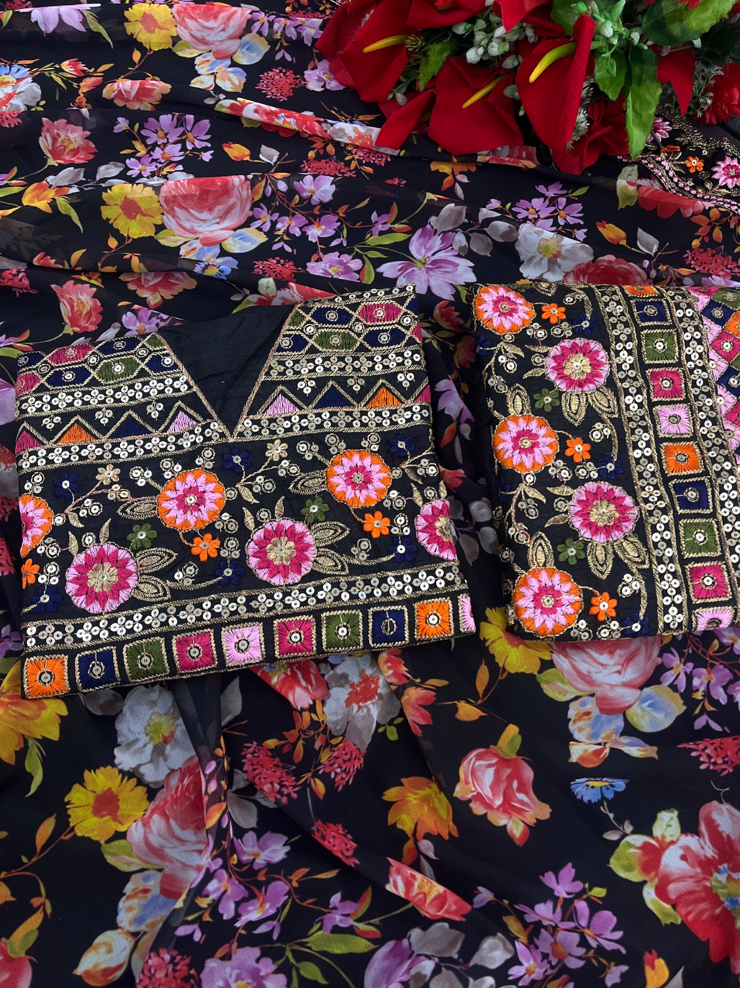 Black Georgette Silk Digital Floral Print Saree With Heavy Sequence & Multi Thread Work