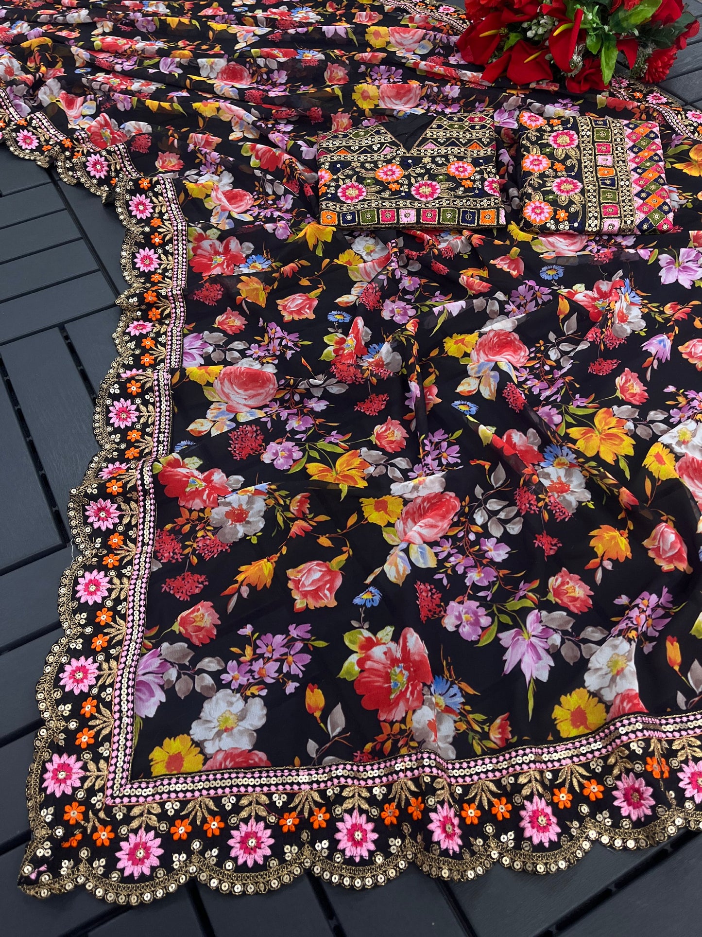 Black Georgette Silk Digital Floral Print Saree With Heavy Sequence & Multi Thread Work