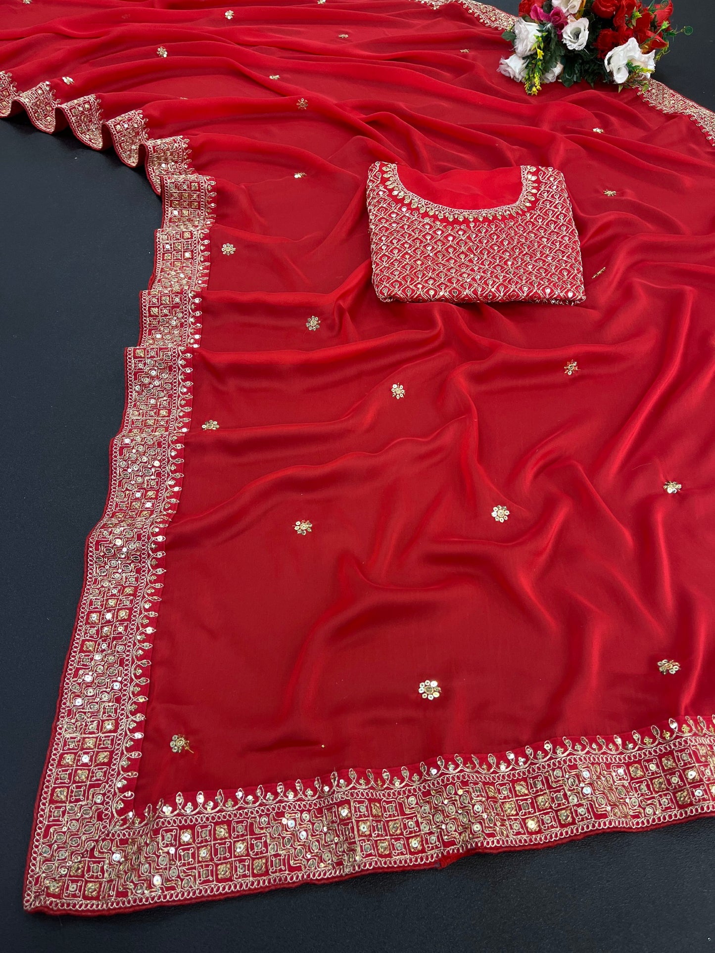 Red Color Beautiful Rangoli Silk Embroidery Sequence & Thread Work Saree,Wedding Wear Saree,Saree For US Woman, Red Saree,Bollywood Saree