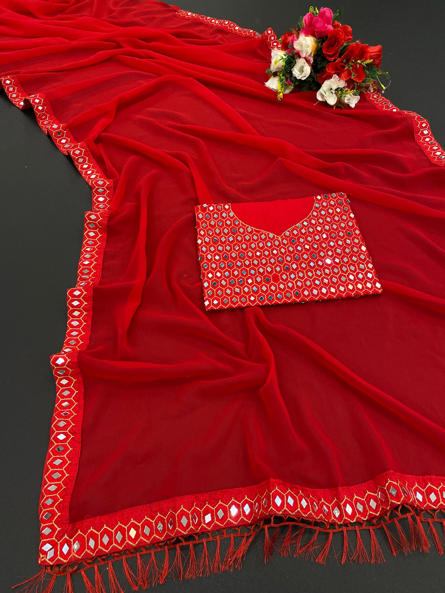 Red Color Women's Bollywood Fancy Georgette Saree With Unstitched Mirror Worked Blouse