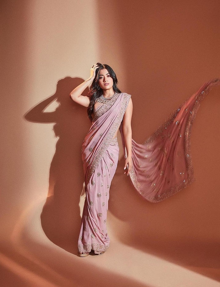 Pink Georgette Hand Embroidered Work Pre-draped Saree And Blouse Set For Women
