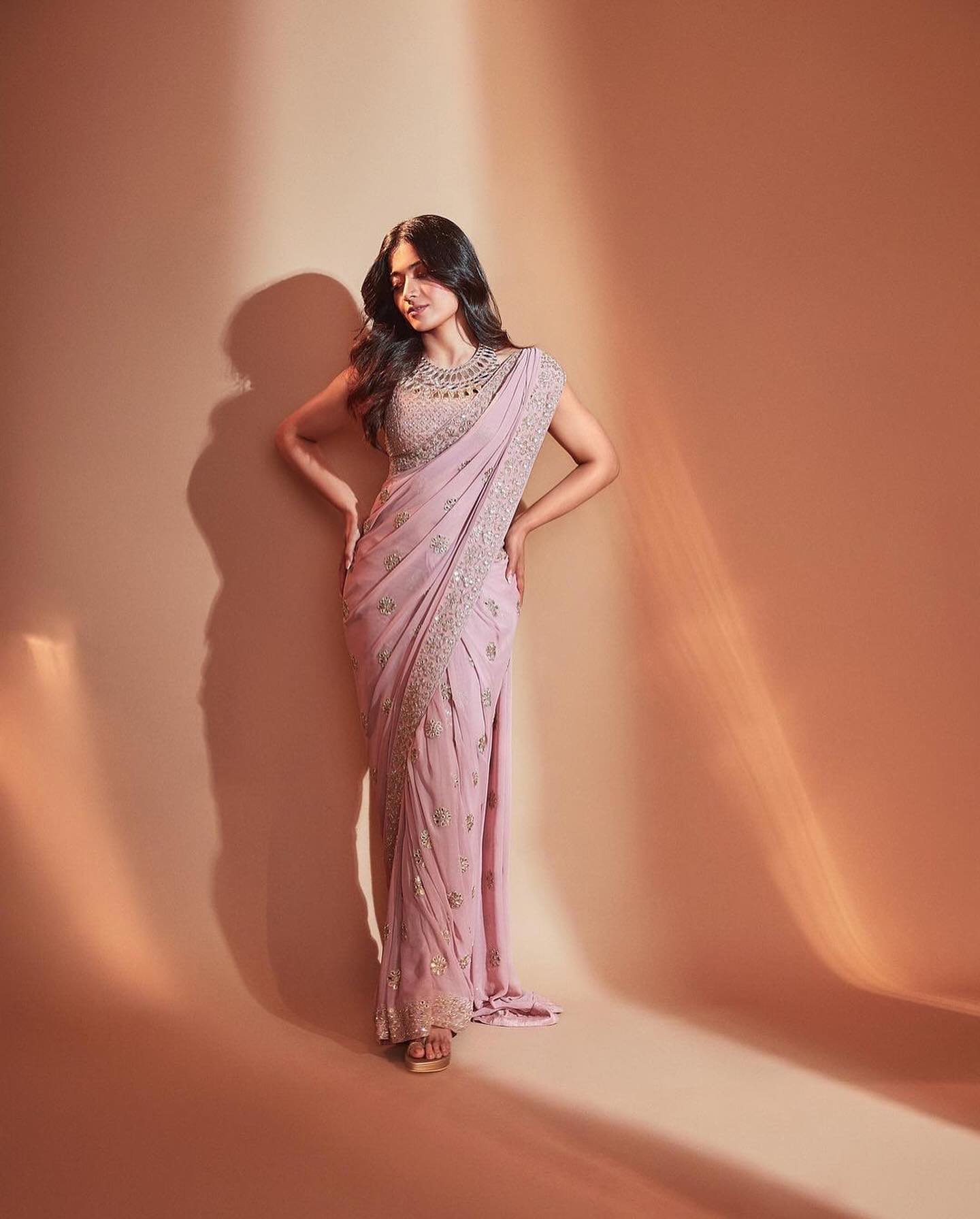 Pink Georgette Hand Embroidered Work Pre-draped Saree And Blouse Set For Women