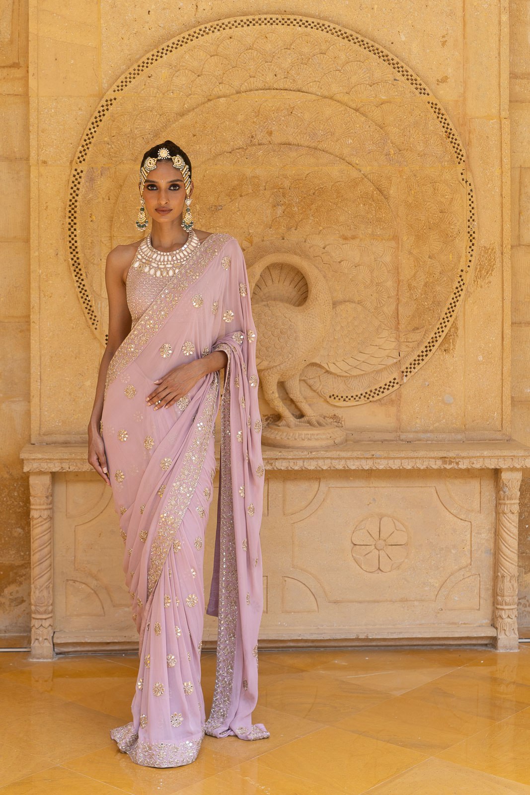 Pink Georgette Hand Embroidered Work Pre-draped Saree And Blouse Set For Women