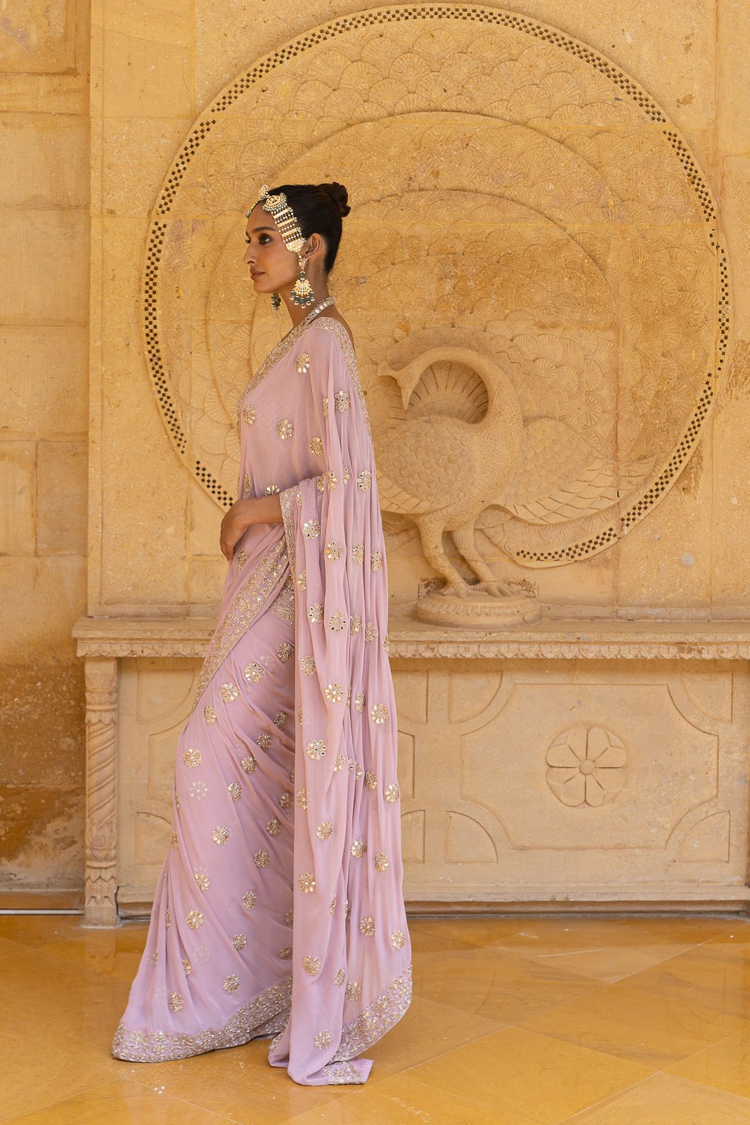 Pink Georgette Hand Embroidered Work Pre-draped Saree And Blouse Set For Women