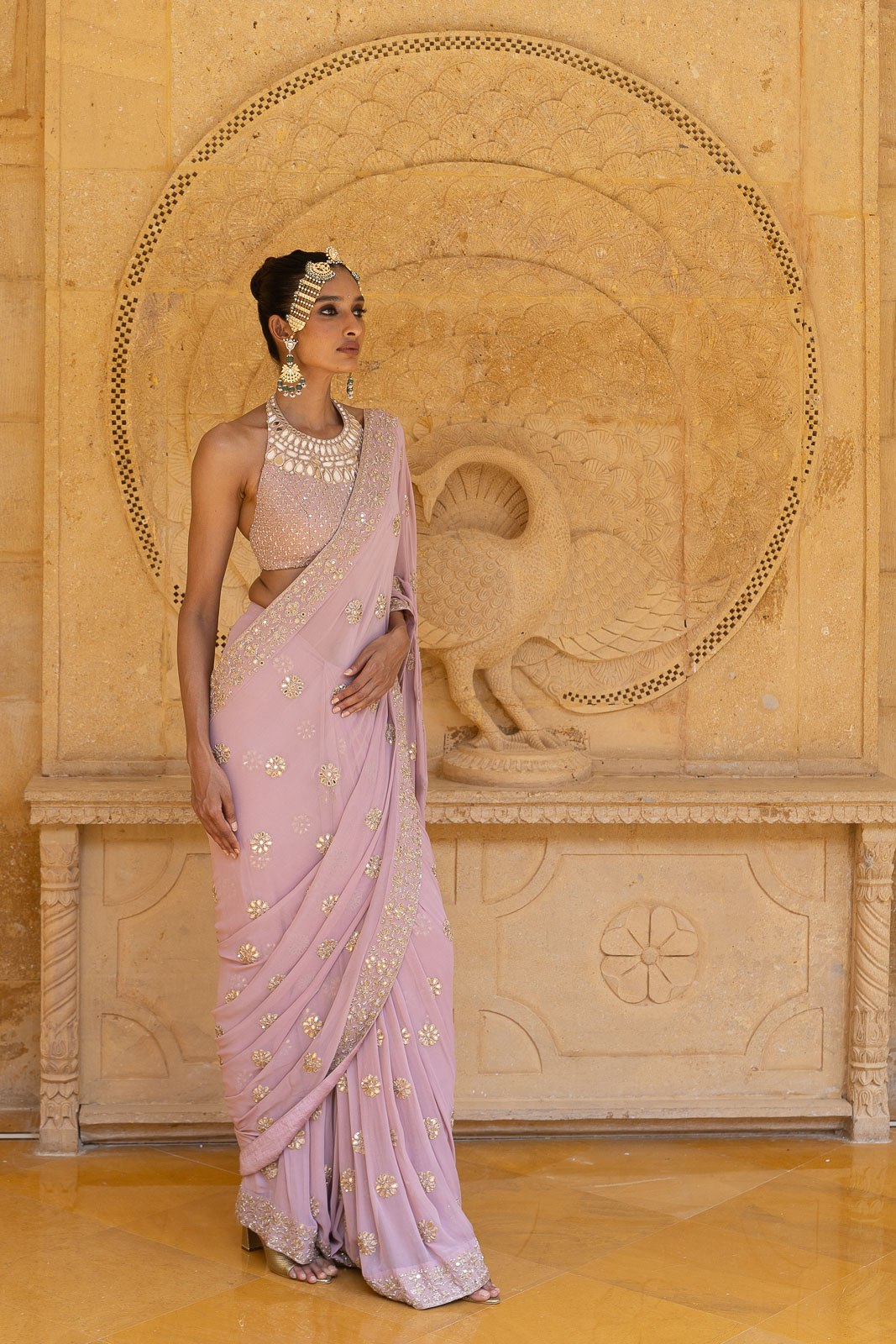 Pink Georgette Hand Embroidered Work Pre-draped Saree And Blouse Set For Women