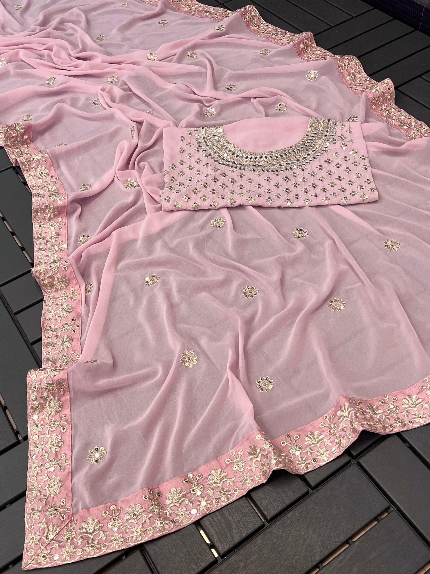 Pink Georgette Hand Embroidered Work Pre-draped Saree And Blouse Set For Women