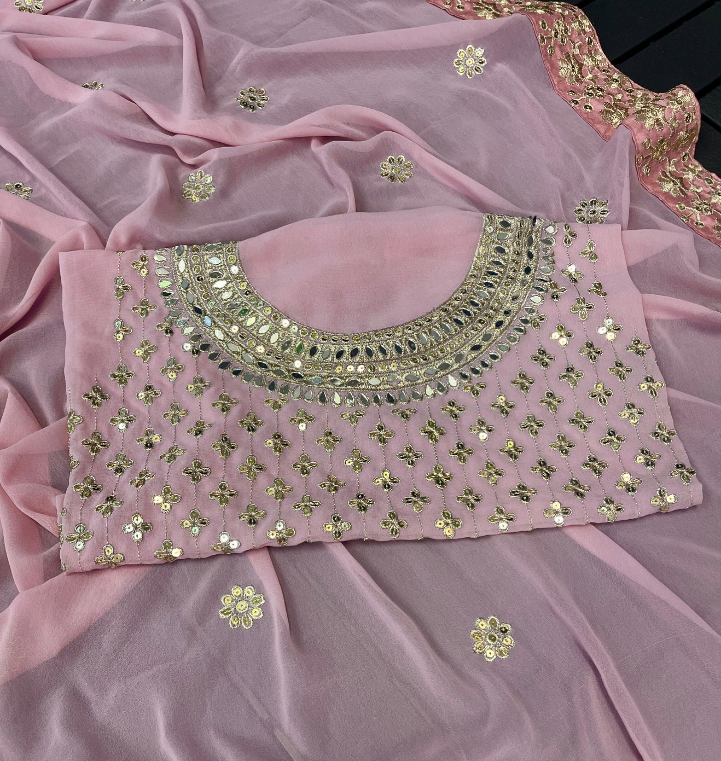 Pink Georgette Hand Embroidered Work Pre-draped Saree And Blouse Set For Women