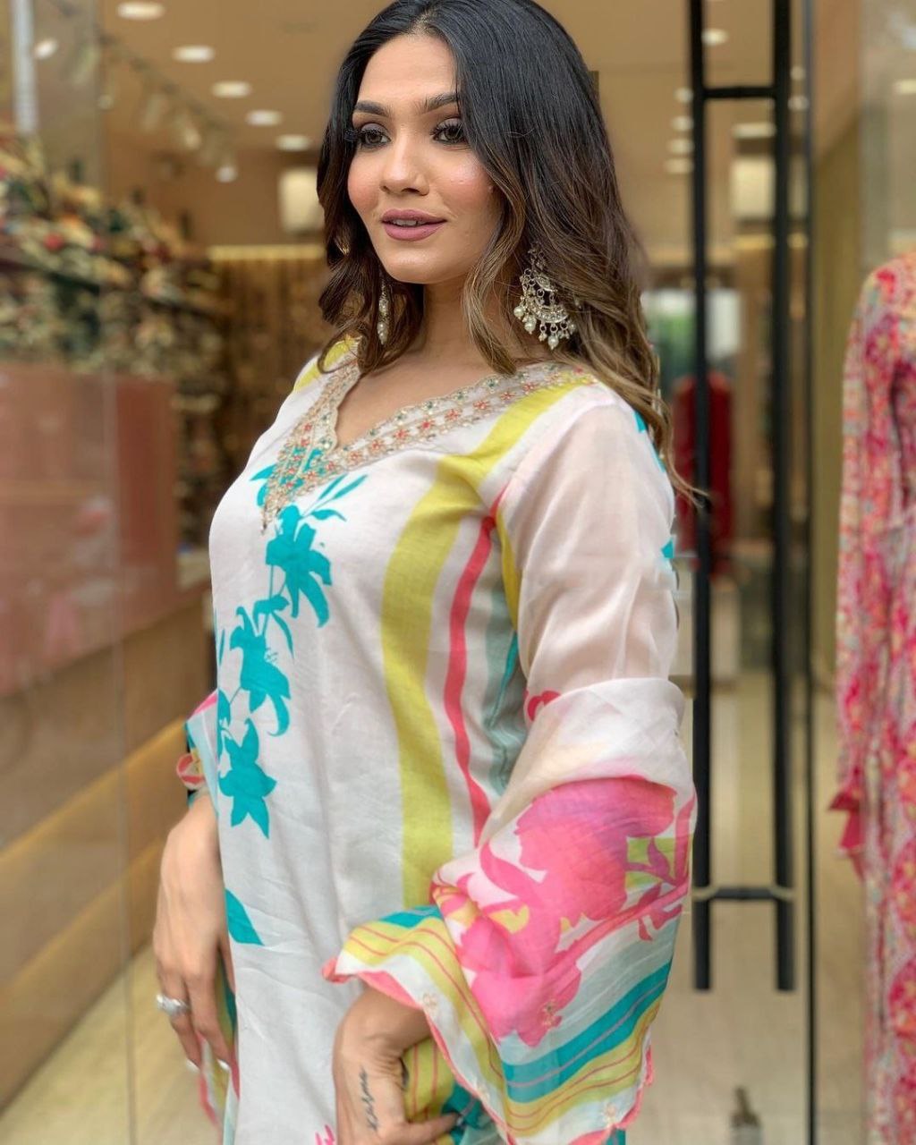 Beautiful Viscose Organza digital print kurti paired with Shantoon pant and pure Viscose organza digital print duppata