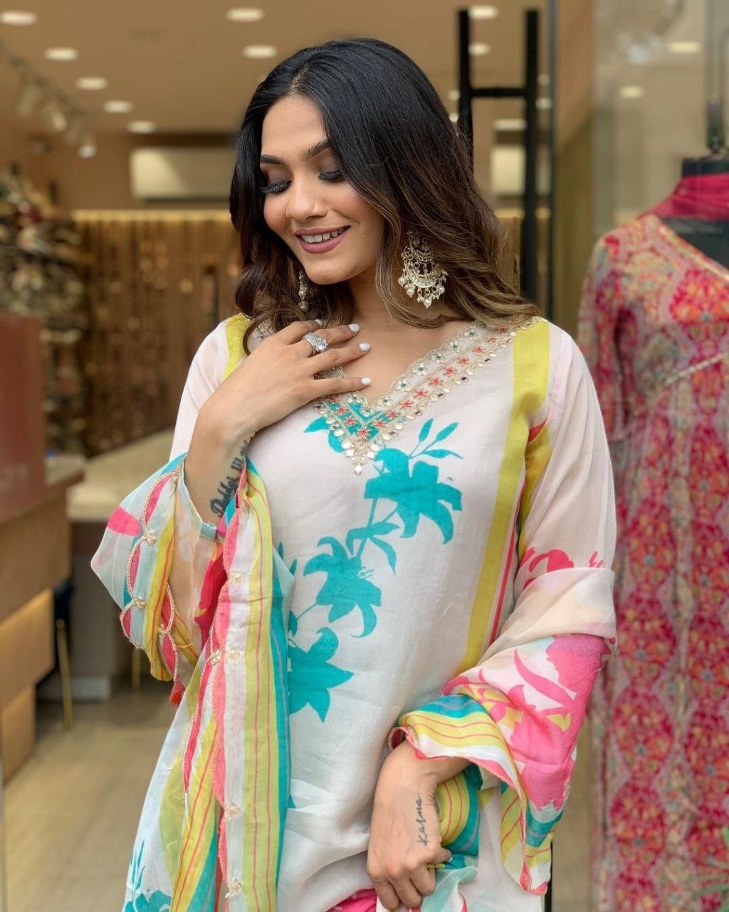 Beautiful Viscose Organza digital print kurti paired with Shantoon pant and pure Viscose organza digital print duppata