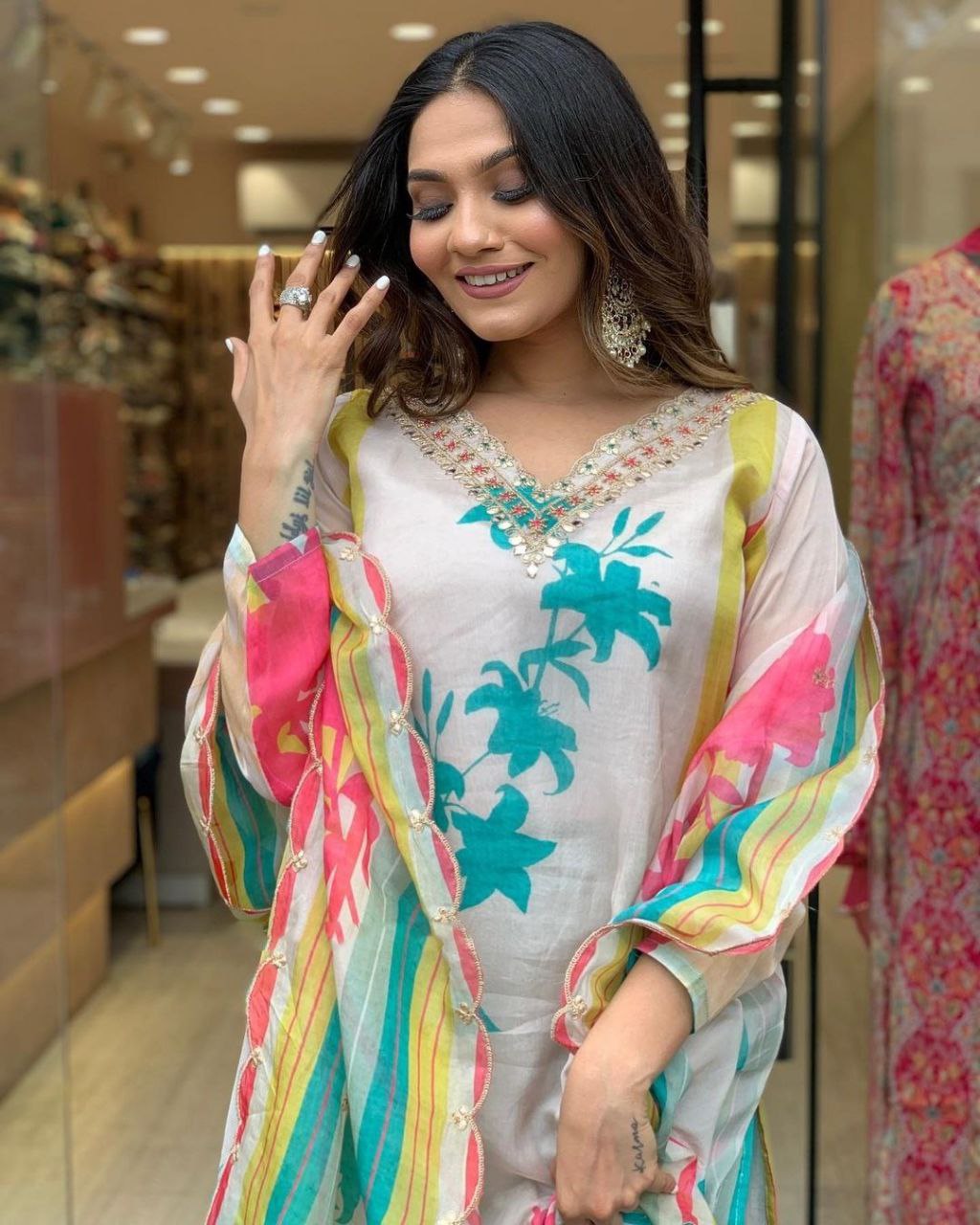 Beautiful Viscose Organza digital print kurti paired with Shantoon pant and pure Viscose organza digital print duppata