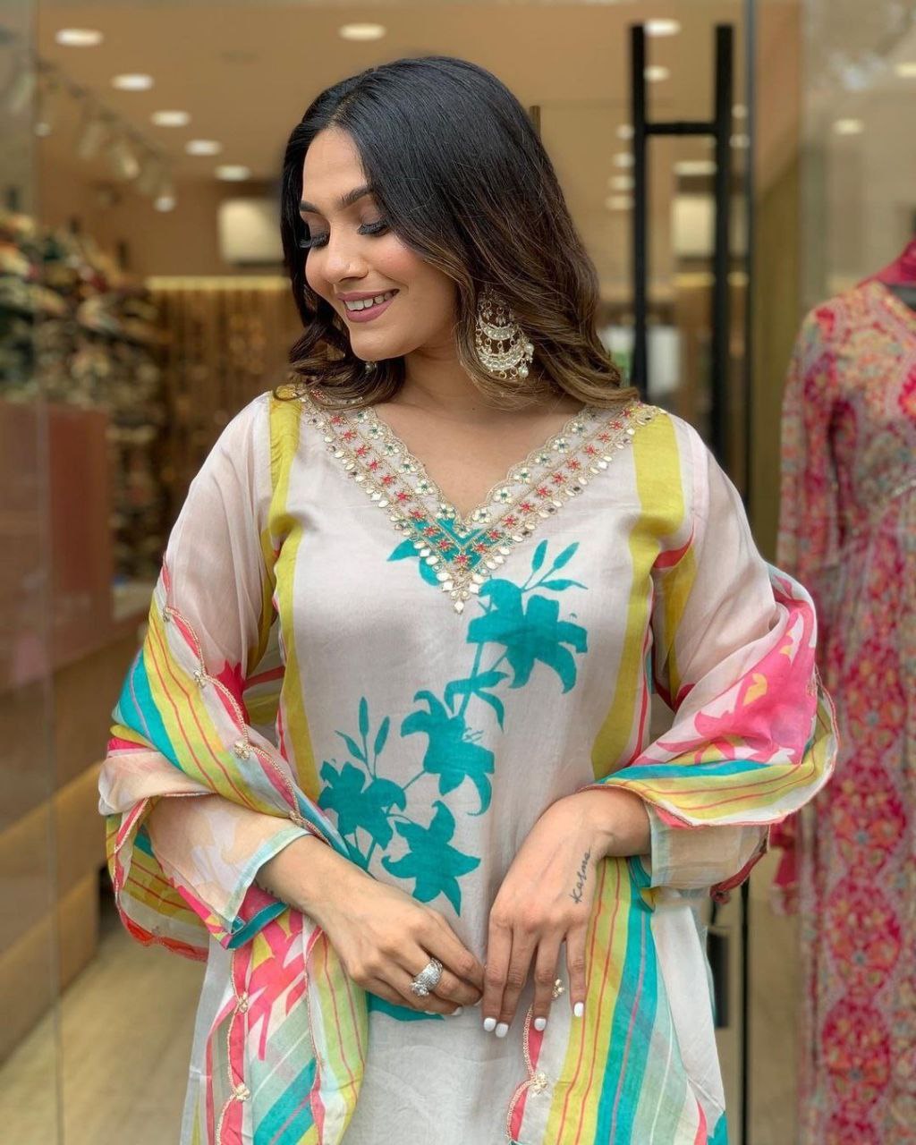 Beautiful Viscose Organza digital print kurti paired with Shantoon pant and pure Viscose organza digital print duppata