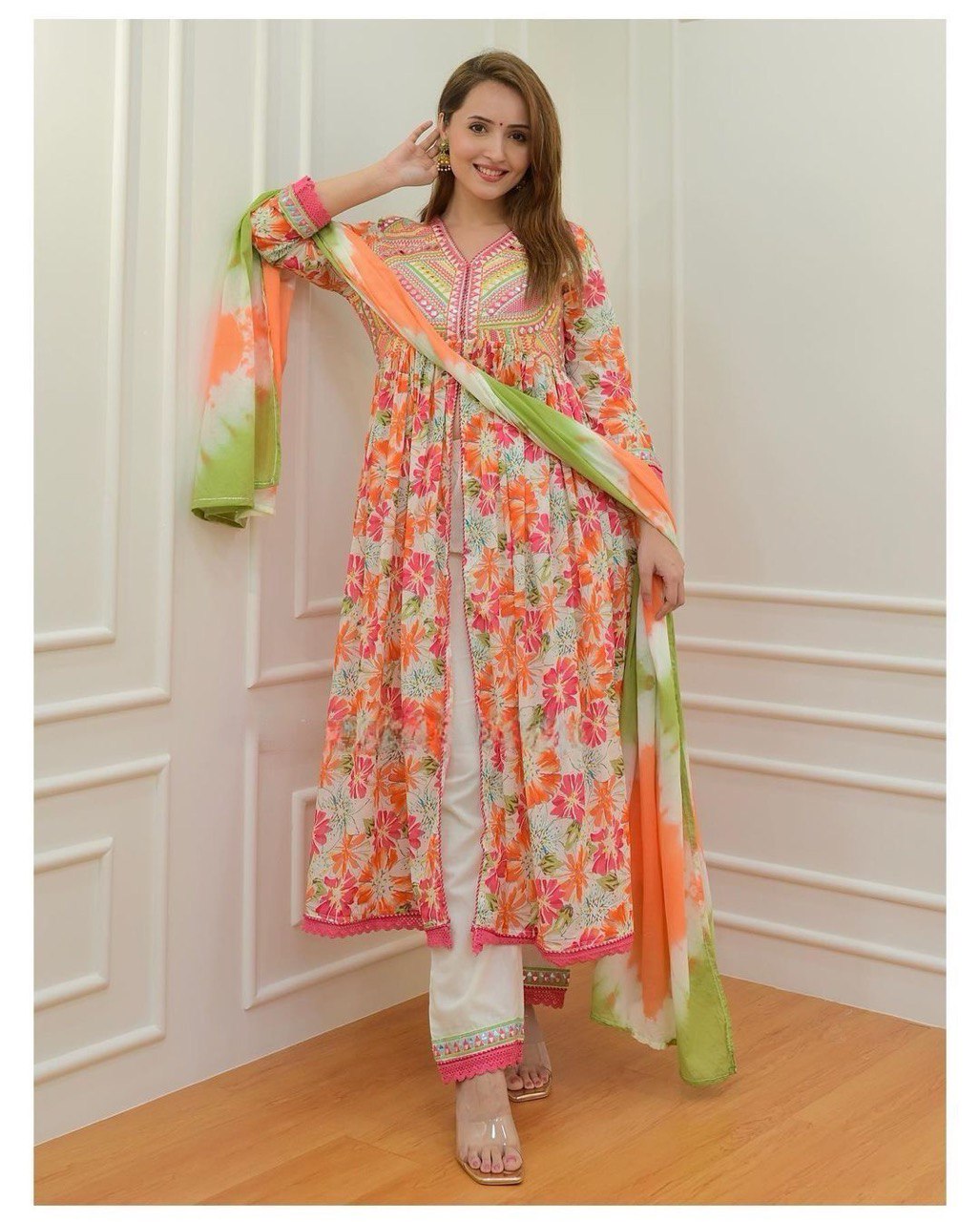 Front cut Embroidery & Less Work Printed Anarkali Kurta with Pant And Duppta Set, Partywear Suit