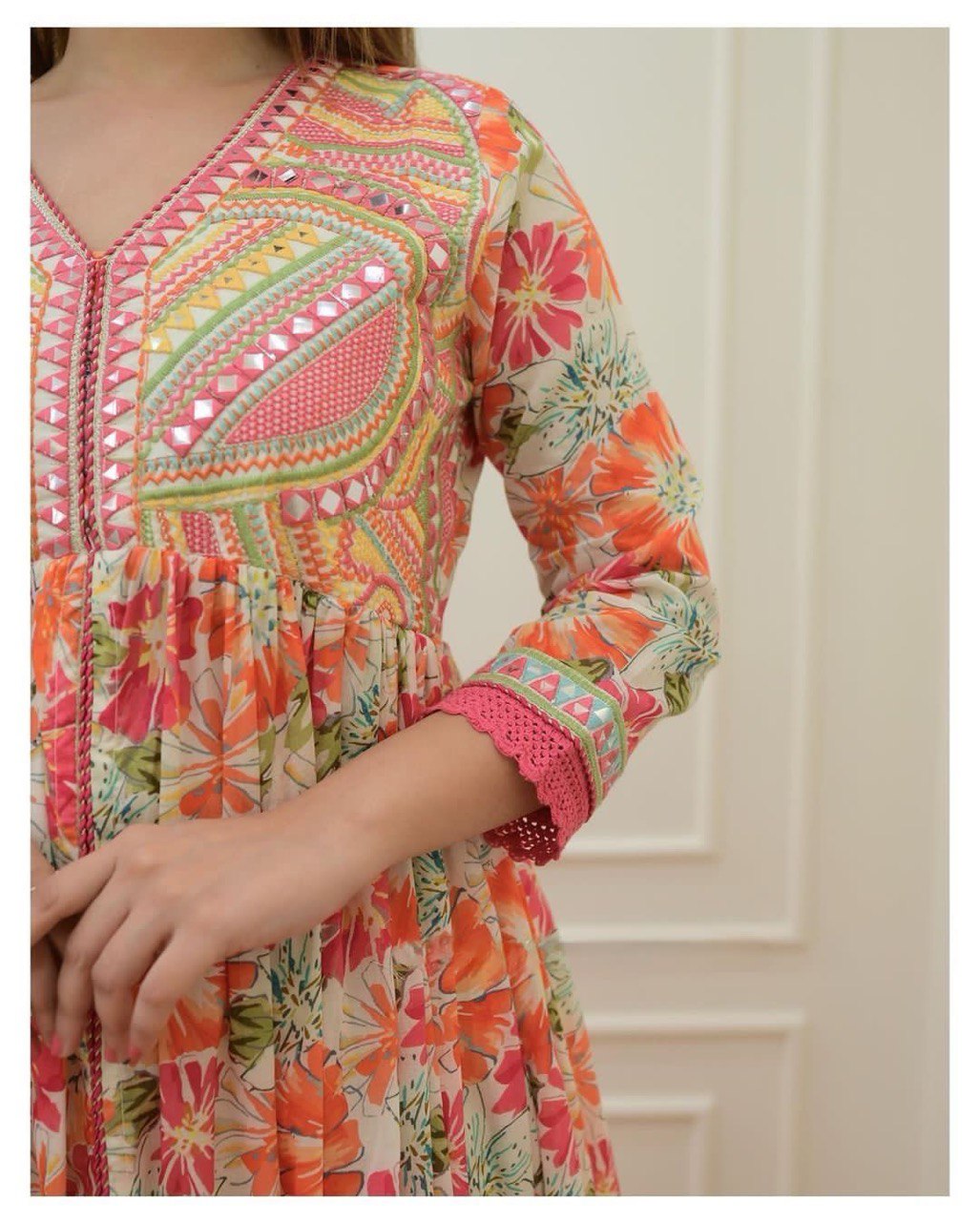 Front cut Embroidery & Less Work Printed Anarkali Kurta with Pant And Duppta Set, Partywear Suit