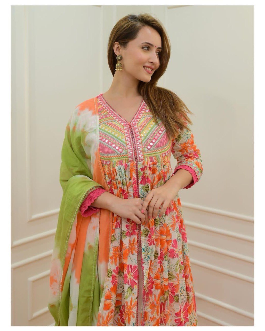 Front cut Embroidery & Less Work Printed Anarkali Kurta with Pant And Duppta Set, Partywear Suit