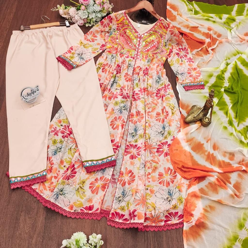 Front cut Embroidery & Less Work Printed Anarkali Kurta with Pant And Duppta Set, Partywear Suit