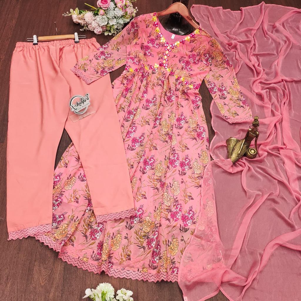 Pink Cotton Printed Mirror Work V-Neck Anarkali Kurta with Pant and Dupatta