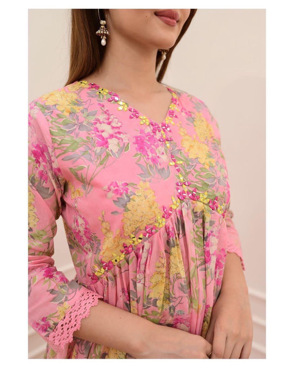 Pink Cotton Printed Mirror Work V-Neck Anarkali Kurta with Pant and Dupatta