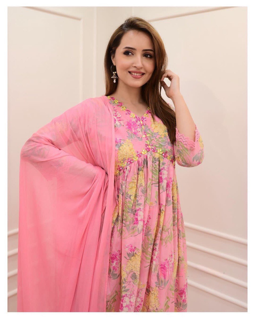 Pink Cotton Printed Mirror Work V-Neck Anarkali Kurta with Pant and Dupatta
