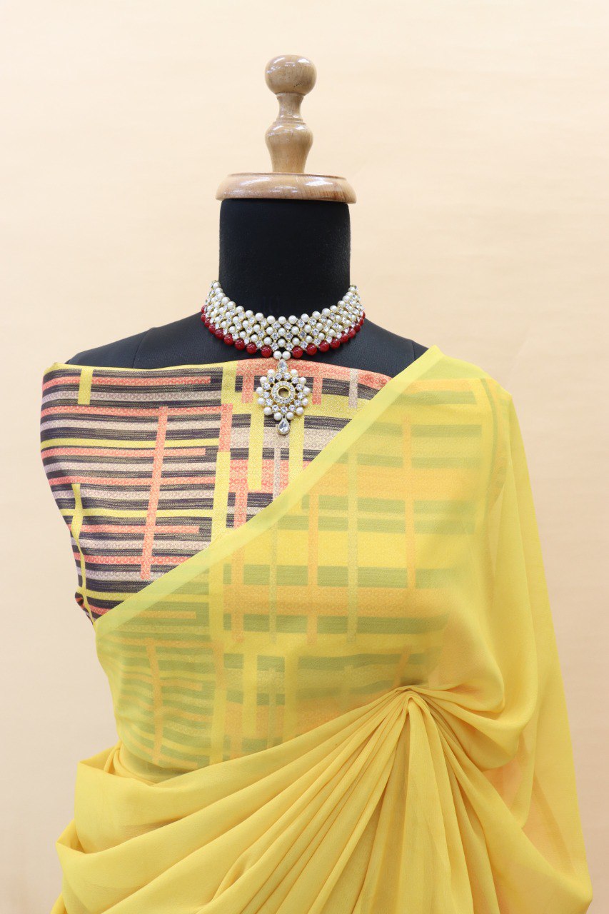 Multi Color Faux Georgette Digital Printed Bollywood Saree For Womens With Beautiful Blouse Piece
